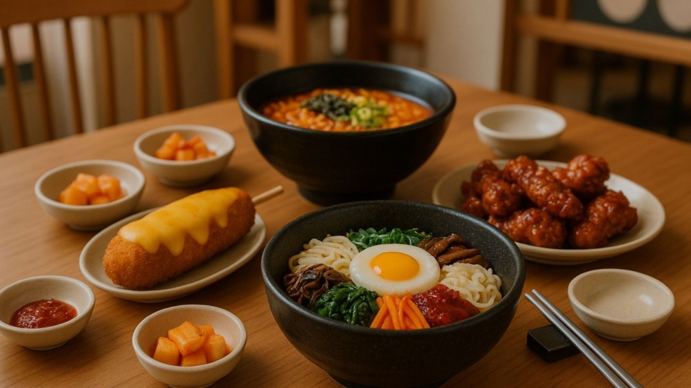 Korean Culture Cafe at Wang House Cafe featuring a beautifully arranged table with popular Korean dishes including Cheese Corn Dog, Korean Soupy Ramen, Korean Fried Chicken Wings, and Bibimbap. Small side bowls of kimchi and sauces are neatly placed, with chopsticks set beside the dishes. The warm, cozy interior emphasizes a K-culture themed dining experience, highlighting authentic Korean flavors in a vibrant cafe atmosphere.