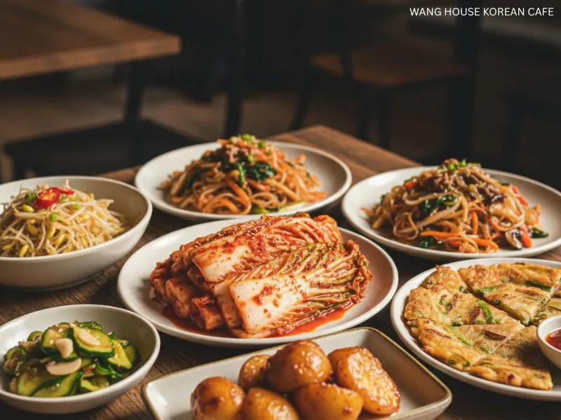 korean-side-dishes-a-table-filled-with-various-Korean-side-dishes-including-kimchi-pancakes-noodles-and-other-vegetable-dishes-at-Wang-House-Korean-Cafe