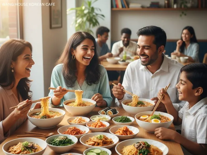 korean-side-dishes-a-happy-family-enjoying-a-meal-of-ramen-and-various-Korean-side-dishes-at-Wang-House-Korean-Cafe