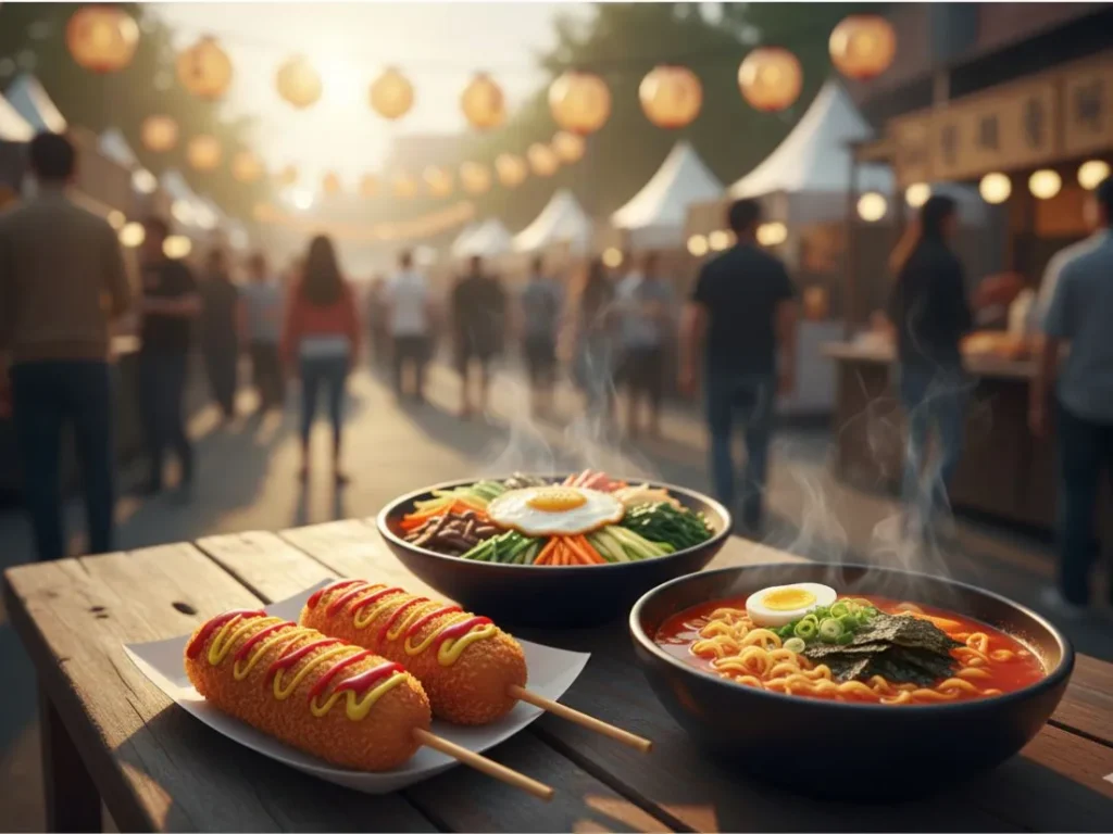 Korean Festival Food displayed at a lively Korean street food festival with lanterns and crowd