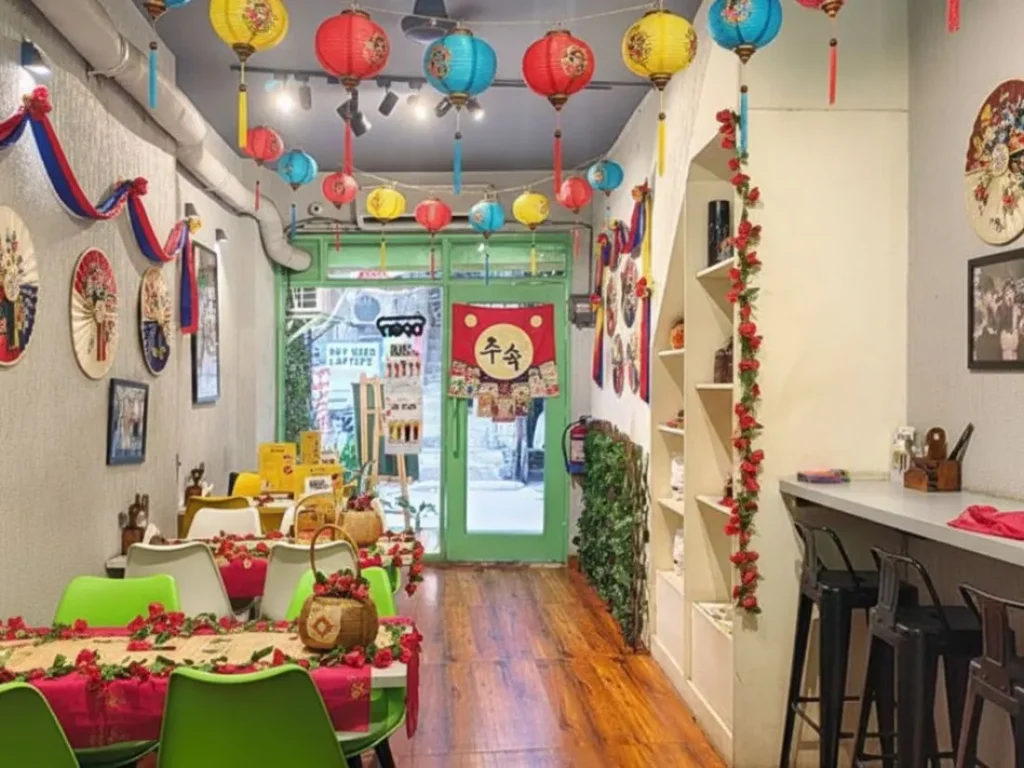 Korean Festival Food celebration inside a Korean cafe decorated with colorful lanterns and festive tables