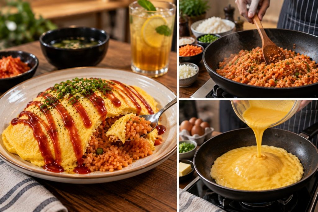 Korean Omurice with soft egg omelette and savoury fried rice