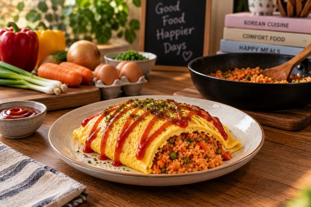 Korean Omelette Rice at Wang House with fluffy egg omelette, savoury fried rice, vegetables and Korean-style sauce