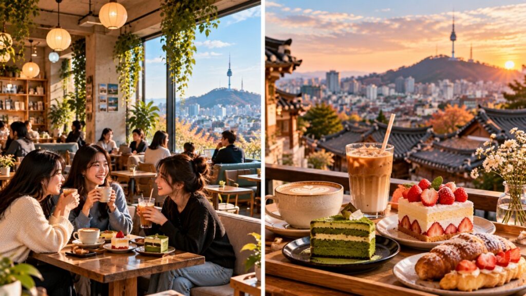 Seoul cafe culture featuring a modern café interior, friends, coffee, desserts and panoramic city views near N Seoul Tower.