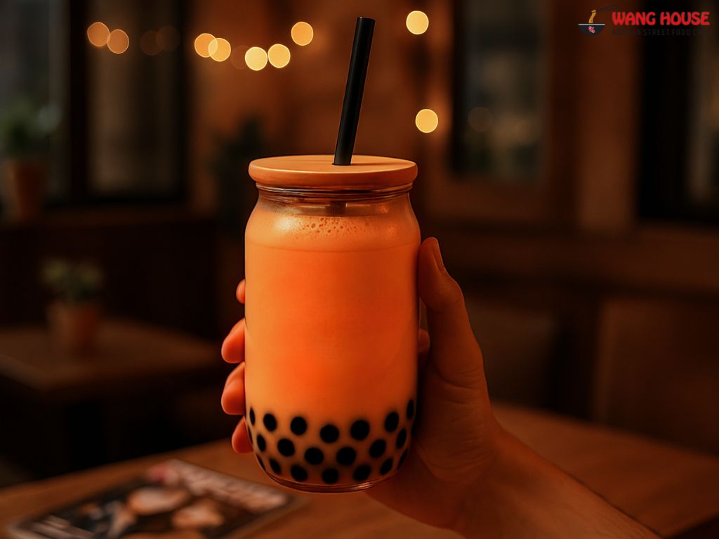 Sea Salt Caramel boba tea in Delhi from The Wang House, Laxmi Nagar – A rich caramel-hued milk tea served in a transparent jar with a golden lid and sleek black straw, featuring a velvety layer of sea salt foam and classic black tapioca pearls at the bottom. The drink sits on a warm-toned surface with a cozy-modern backdrop, offering a perfect balance of sweet and savory flavors in this Korean-inspired boba delight from East Delhi.