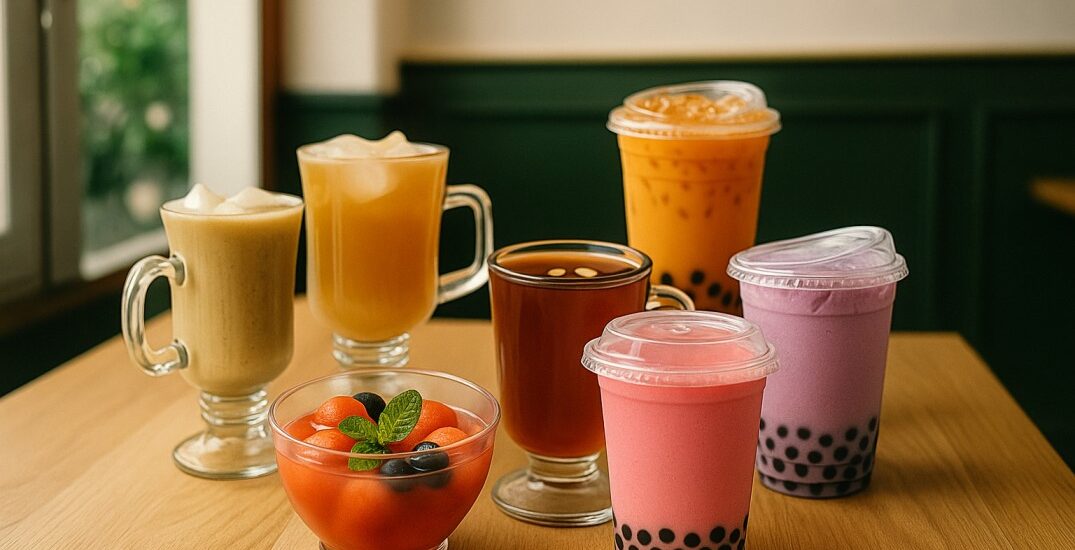 Korean Tea varieties with colorful beverages including bubble tea, fruit punch, cinnamon tea, multigrain drink, and refreshing muscat mist served at a Korean cafe table.