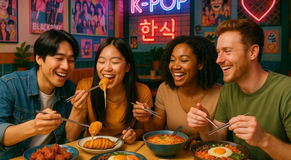 Korean Culture Cafe at Wang House Cafe featuring a group of diverse friends happily enjoying Korean dishes like Bibimbap, Korean Fried Chicken Wings, Cheese Corn Dog, and Korean Ramen in a vibrant, K-pop themed setting with colorful posters and neon lights.