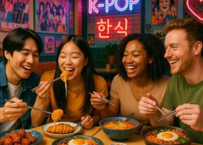 Korean Culture Cafe at Wang House Cafe featuring a group of diverse friends happily enjoying Korean dishes like Bibimbap, Korean Fried Chicken Wings, Cheese Corn Dog, and Korean Ramen in a vibrant, K-pop themed setting with colorful posters and neon lights.