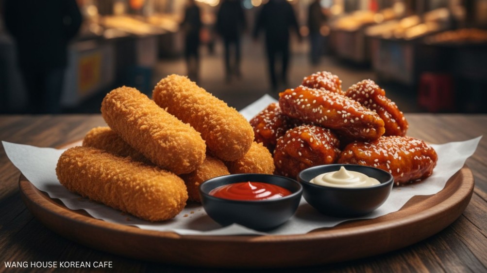 Regional Korean Food from Wang House Korean Cafe. A close-up shot of a wooden platter holding two popular Korean snacks. On the left is a pile of golden-brown fried mozzarella sticks or cheese rolls. On the right, a mound of glossy, red Korean fried chicken wings covered in sesame seeds. Two small black dipping bowls sit in the center, one with ketchup and the other with a creamy white sauce. The background is blurred, showing a bustling, brightly lit market or street food scene.