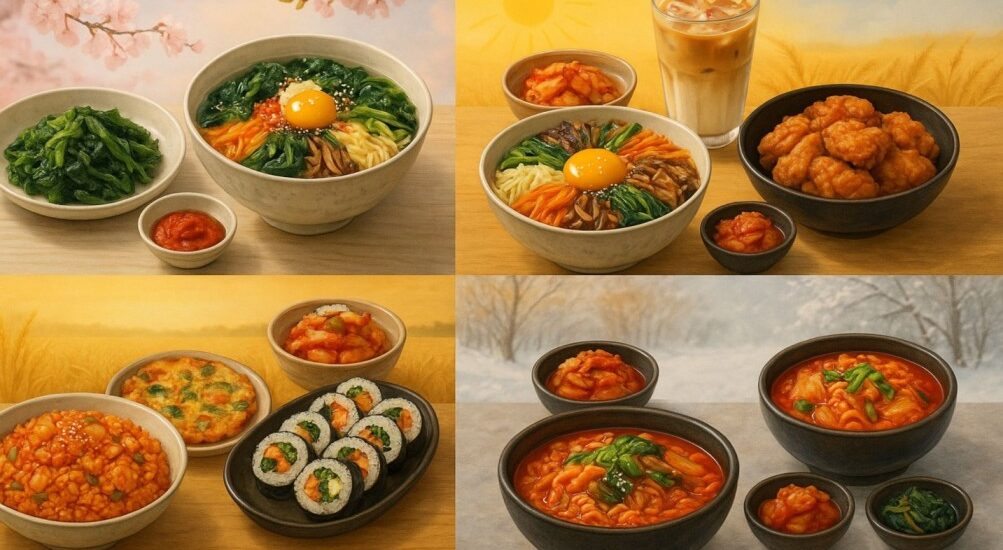 Korean seasonal dishes at Wang House showcasing four seasons: spring with fresh greens and Miyeok soup, summer with Bibimbap, iced latte, and fried chicken, autumn with Kimchi fried rice, vegetable pancake, and Gimbap rolls, and winter with spicy ramen and Kimchi soup in a realistic Korean food setting.