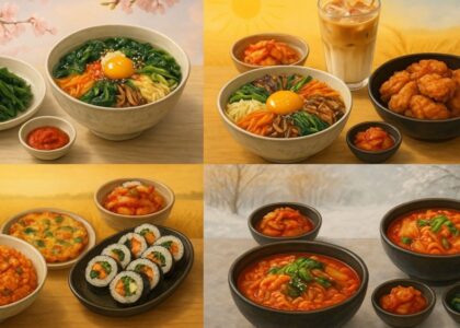 Korean seasonal dishes at Wang House showcasing four seasons: spring with fresh greens and Miyeok soup, summer with Bibimbap, iced latte, and fried chicken, autumn with Kimchi fried rice, vegetable pancake, and Gimbap rolls, and winter with spicy ramen and Kimchi soup in a realistic Korean food setting.
