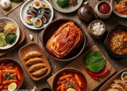 Healthy Korean Food platter at Wang House Korean Cafe with kimchi, tteokbokki, mandu, gimbap, and traditional side dishes.