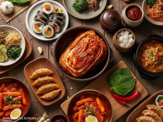 Healthy Korean Food platter at Wang House Korean Cafe with kimchi, tteokbokki, mandu, gimbap, and traditional side dishes.