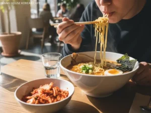 korean-side-dishes-a-person-eating-ramen-with-chopsticks-at-Wang-House-Korean-Cafe-with-a-side-of-kimchi-and-a-glass-of-water