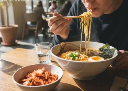 korean-side-dishes-a-person-eating-ramen-with-chopsticks-at-Wang-House-Korean-Cafe-with-a-side-of-kimchi-and-a-glass-of-water