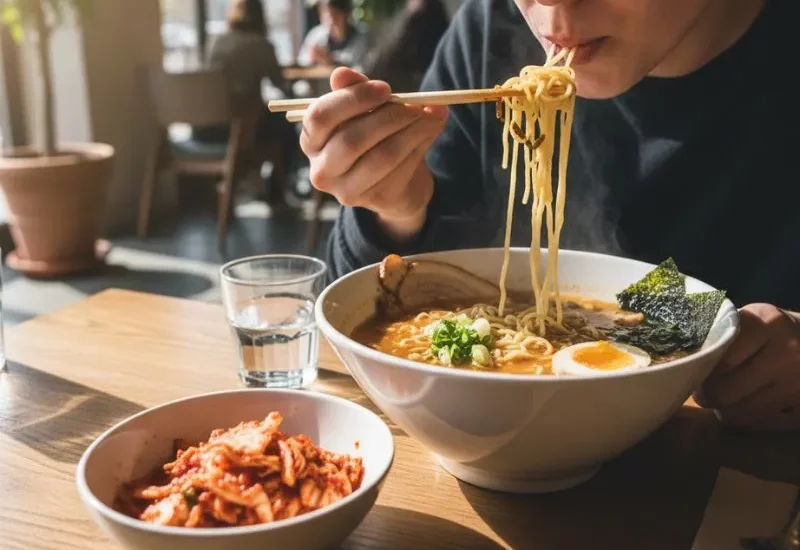 korean-side-dishes-a-person-eating-ramen-with-chopsticks-at-Wang-House-Korean-Cafe-with-a-side-of-kimchi-and-a-glass-of-water