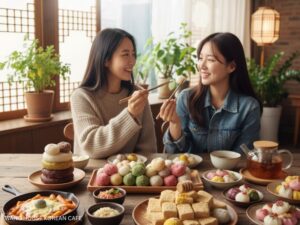 Korean Rice Cakes enjoyed by two women with tea in a cozy, traditional Korean-style setting at Wang House Korean Cafe, surrounded by vibrant Korean desserts and dishes.