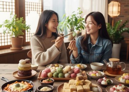 Korean Rice Cakes enjoyed by two women with tea in a cozy, traditional Korean-style setting at Wang House Korean Cafe, surrounded by vibrant Korean desserts and dishes.