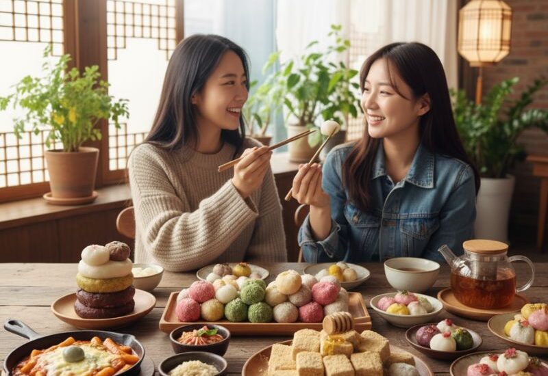Korean Rice Cakes enjoyed by two women with tea in a cozy, traditional Korean-style setting at Wang House Korean Cafe, surrounded by vibrant Korean desserts and dishes.