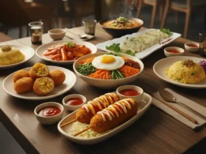 A beautifully arranged table at the best Korean Cafe showcasing authentic Korean street food dishes including cheese corn dogs, ramen, tteokbokki, bibimbap, omelette rice, Korean egg rolls, and crispy croquettes, served in a cozy Korean-style cafe setting with warm lighting — Wang House Korean Cafe.
