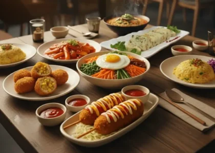 A beautifully arranged table at the best Korean Cafe showcasing authentic Korean street food dishes including cheese corn dogs, ramen, tteokbokki, bibimbap, omelette rice, Korean egg rolls, and crispy croquettes, served in a cozy Korean-style cafe setting with warm lighting — Wang House Korean Cafe.