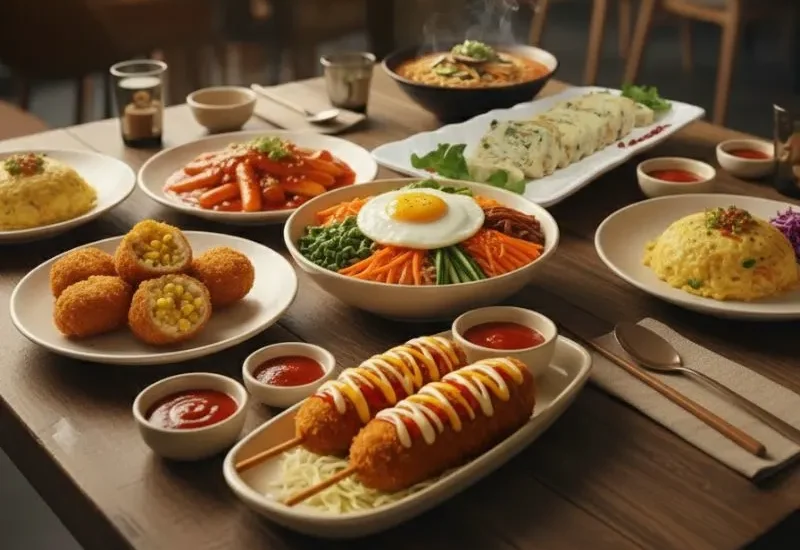 A beautifully arranged table at the best Korean Cafe showcasing authentic Korean street food dishes including cheese corn dogs, ramen, tteokbokki, bibimbap, omelette rice, Korean egg rolls, and crispy croquettes, served in a cozy Korean-style cafe setting with warm lighting — Wang House Korean Cafe.