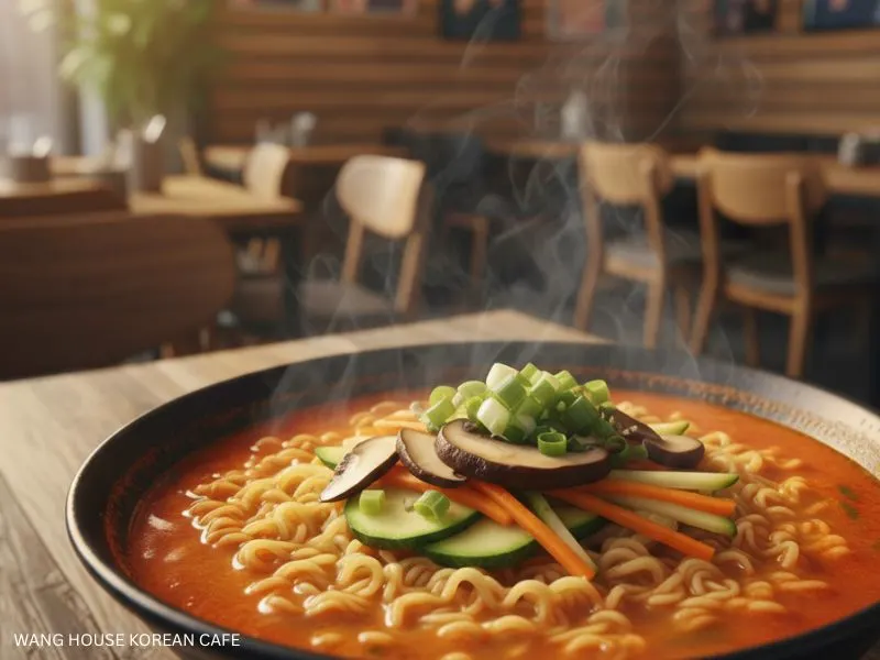 Best Korean Cafe: A steaming bowl of spicy Korean ramen, topped with fresh mushrooms, zucchini, carrots, and green onions, set on a wooden table in a charming cafe. Wang House Korean Cafe.