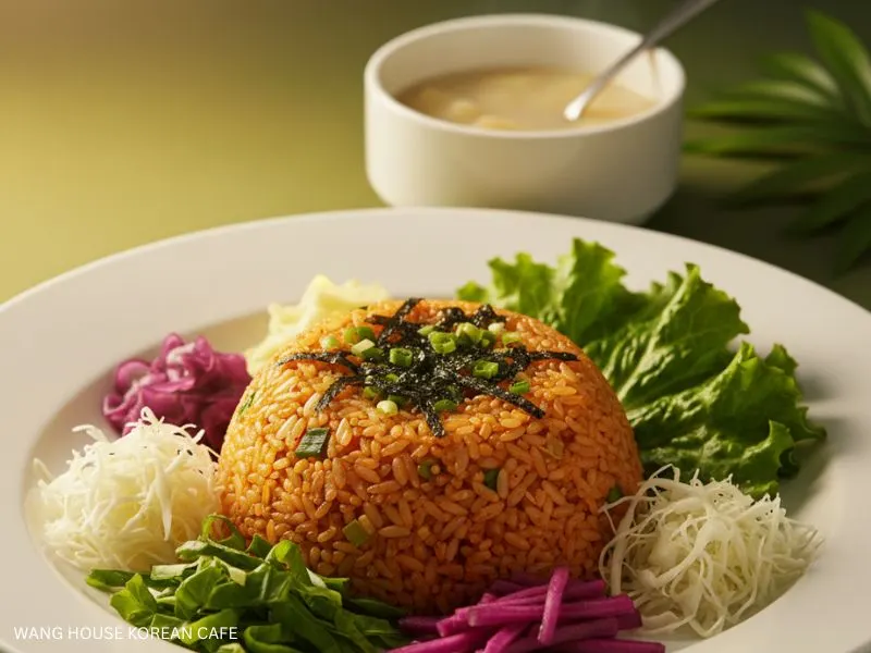 Best Korean Cafe: A beautifully presented plate of Korean kimchi fried rice topped with seaweed and green onions, accompanied by various fresh side dishes and a bowl of soup in the background. Wang House Korean Cafe.