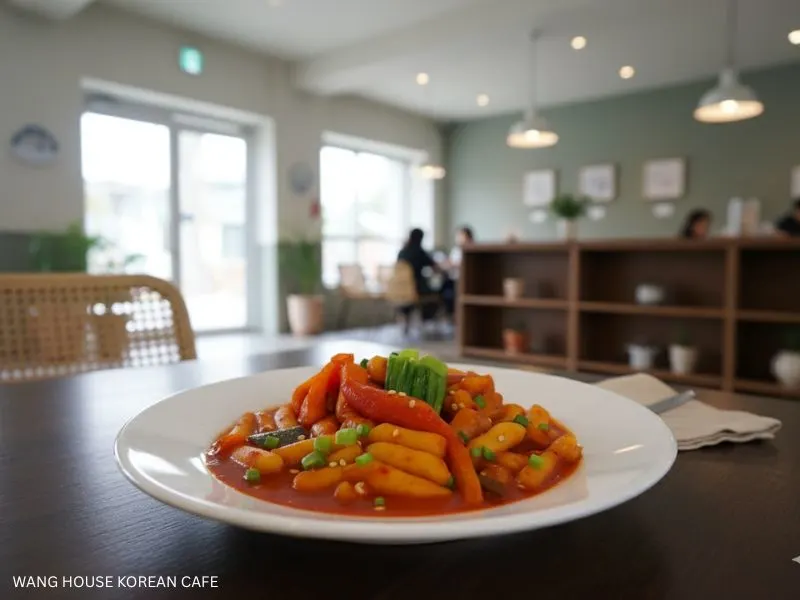 Best Korean Cafe: A close-up of a plate of vibrant tteokbokki, with red chili sauce, rice cakes, and vegetables, in a modern and inviting cafe atmosphere. Wang House Korean Cafe.