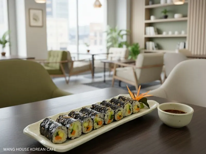 Best Korean Cafe: A long plate of perfectly rolled gimbap, showcasing colorful vegetable fillings, served with a dipping sauce in a contemporary cafe interior. Wang House Korean Cafe.