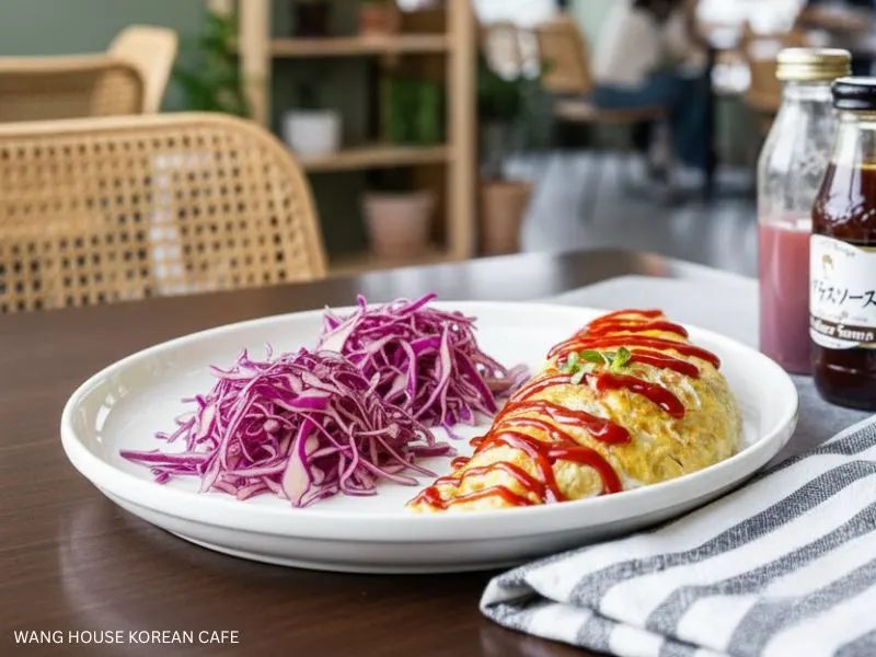 est Korean Cafe: A delicious omurice dish topped with ketchup and a side of shredded purple cabbage, presented on a white plate in a spacious cafe with large windows. Wang House Korean Cafe.