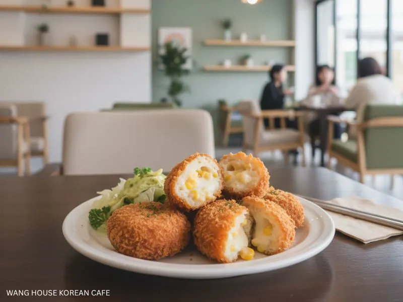 Best Korean Cafe: Crispy golden-brown croquettes, some cut open to reveal a creamy corn filling, served with a side of salad on a white plate in a cozy cafe setting. Wang House Korean Cafe.