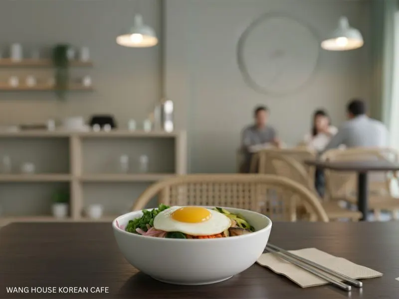 Best Korean Cafe: A vibrant bibimbap bowl with a sunny-side-up egg, fresh vegetables, and rice, set on a wooden table in a brightly lit cafe with patrons in the blurred background. Wang House Korean Cafe.
