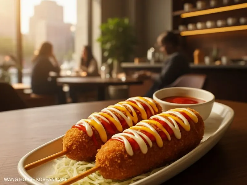 Best Korean Cafe: Two deliciously prepared Korean corn dogs, topped with zigzags of ketchup and mayonnaise, served on a bed of shredded cabbage with a dipping sauce on the side, in a warm and inviting cafe setting. Wang House Korean Cafe.
