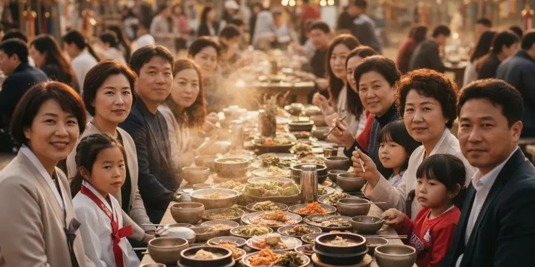 Korean Festival Food shared by families during a traditional Korean celebration under lantern lights