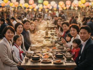 Korean Festival Food shared by families during a traditional Korean celebration under lantern lights
