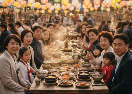 Korean Festival Food shared by families during a traditional Korean celebration under lantern lights