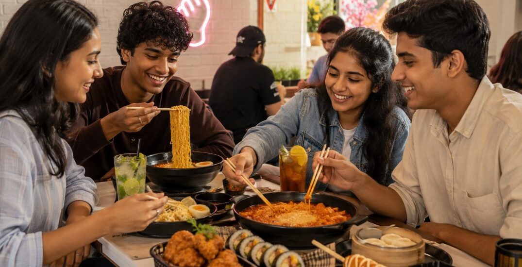 Korean cafe culture at Wang House featuring friends enjoying Korean ramen, tteokbokki, Korean fried chicken, gimbap, mandu, cheese corn dog, and refreshing beverages in a modern Korean street food café ambience in India.