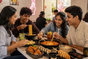 Korean cafe culture at Wang House featuring friends enjoying Korean ramen, tteokbokki, Korean fried chicken, gimbap, mandu, cheese corn dog, and refreshing beverages in a modern Korean street food café ambience in India.