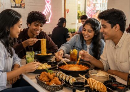 Korean cafe culture at Wang House featuring friends enjoying Korean ramen, tteokbokki, Korean fried chicken, gimbap, mandu, cheese corn dog, and refreshing beverages in a modern Korean street food café ambience in India.