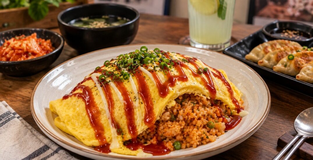 Korean Omelette Rice at Wang House with fluffy egg omelette, savoury fried rice, vegetables and Korean-style sauce