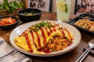 Korean Omelette Rice at Wang House with fluffy egg omelette, savoury fried rice, vegetables and Korean-style sauce