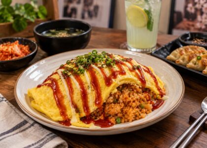 Korean Omelette Rice at Wang House with fluffy egg omelette, savoury fried rice, vegetables and Korean-style sauce