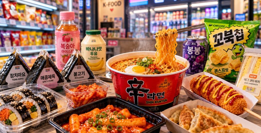 Korean convenience store food featuring instant ramen, tteokbokki, gimbap, mandu, Korean snacks and drinks in a modern Korean convenience store