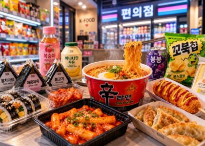 Korean convenience store food featuring instant ramen, tteokbokki, gimbap, mandu, Korean snacks and drinks in a modern Korean convenience store