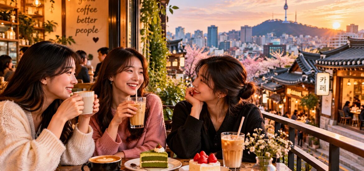 Seoul cafe culture with friends enjoying coffee and desserts at a scenic rooftop café overlooking the Seoul skyline.