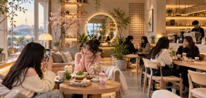 Korean cafe aesthetic with warm lighting, minimalist decor, stylish seating and Gen Z customers enjoying a Seoul-inspired café experience.