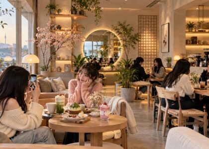 Korean cafe aesthetic with warm lighting, minimalist decor, stylish seating and Gen Z customers enjoying a Seoul-inspired café experience.